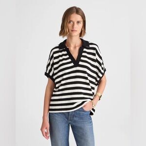 Madewell Black and White Striped V-Neck Polo Sweater Top